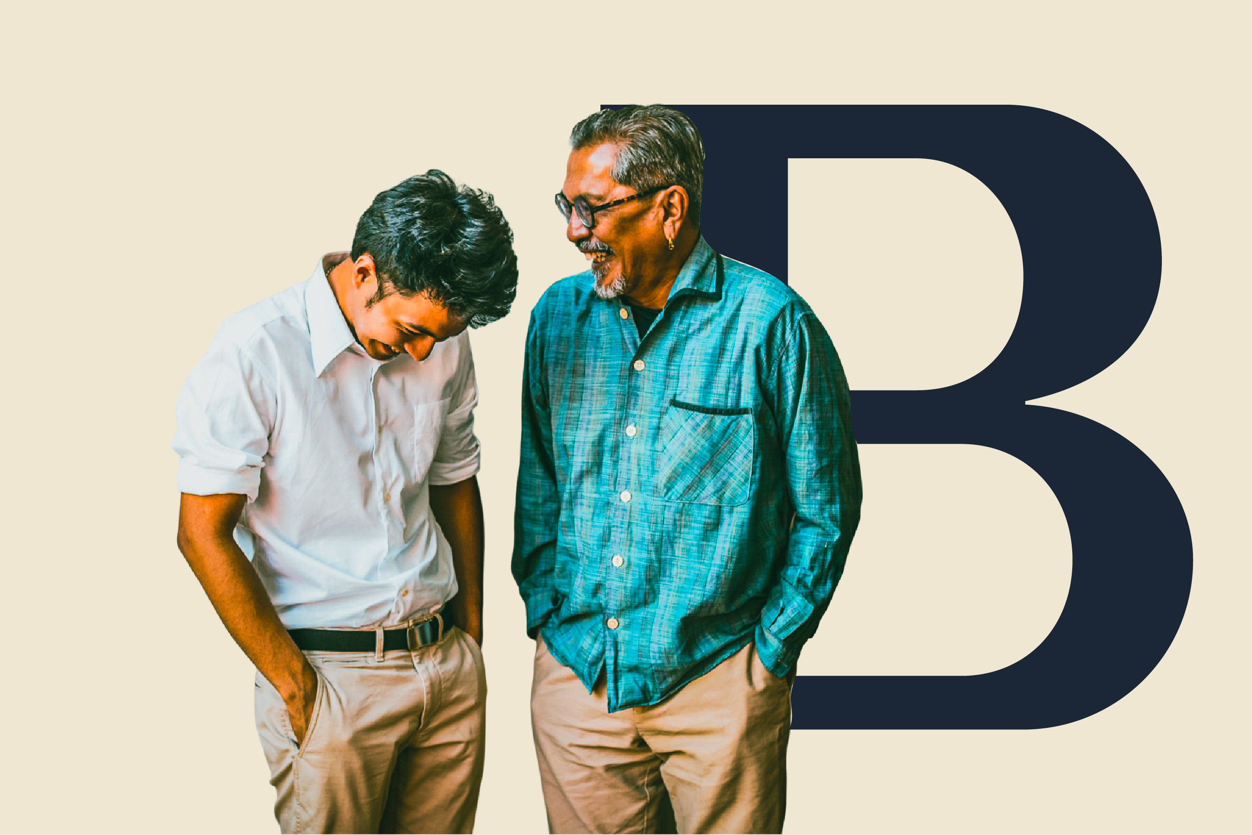 An older man and a younger man laugh together against a cream background.
