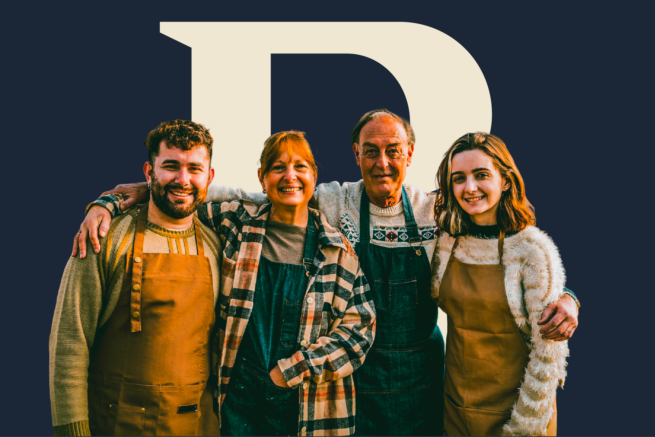 Four people in aprons stand arm in arm against a dark background.