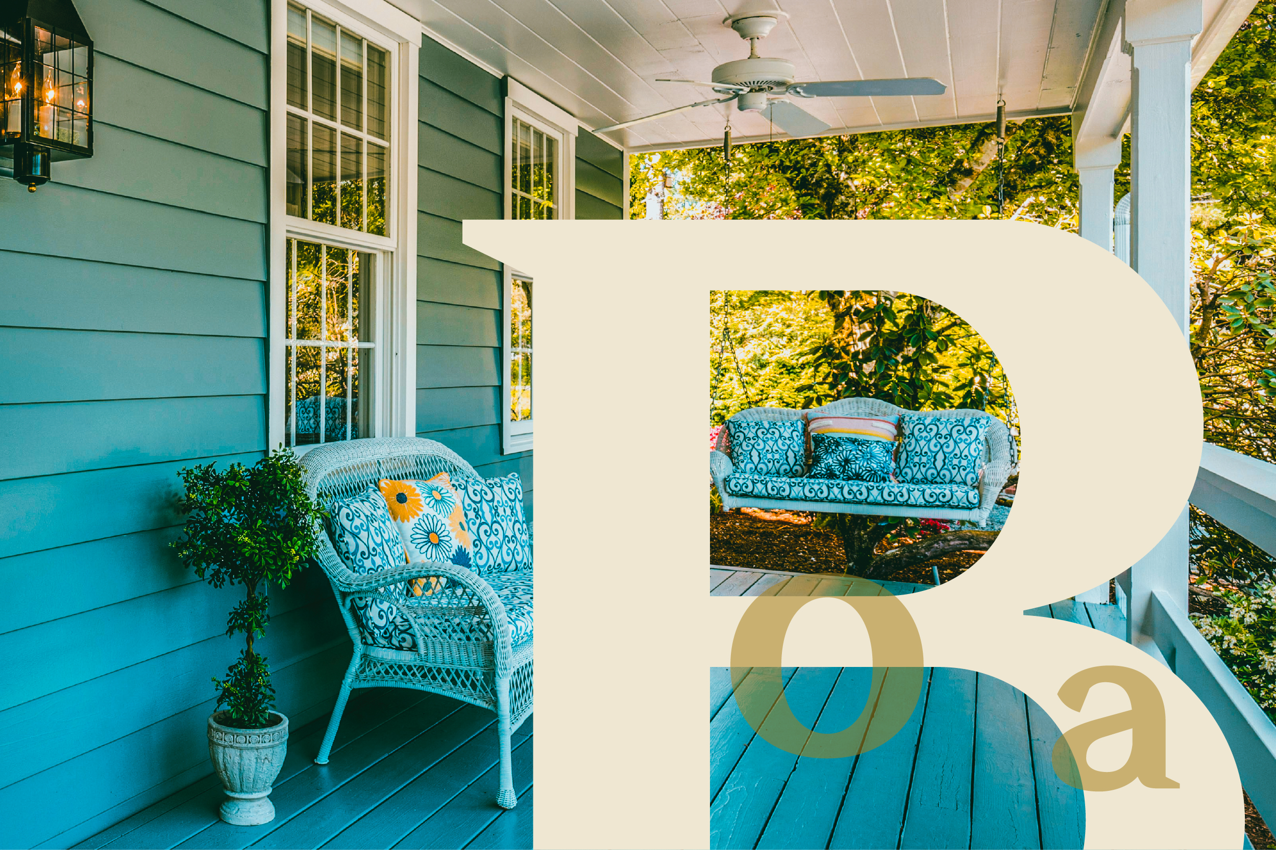 A blue porch with a wicker chair, potted plant, and hanging swing.