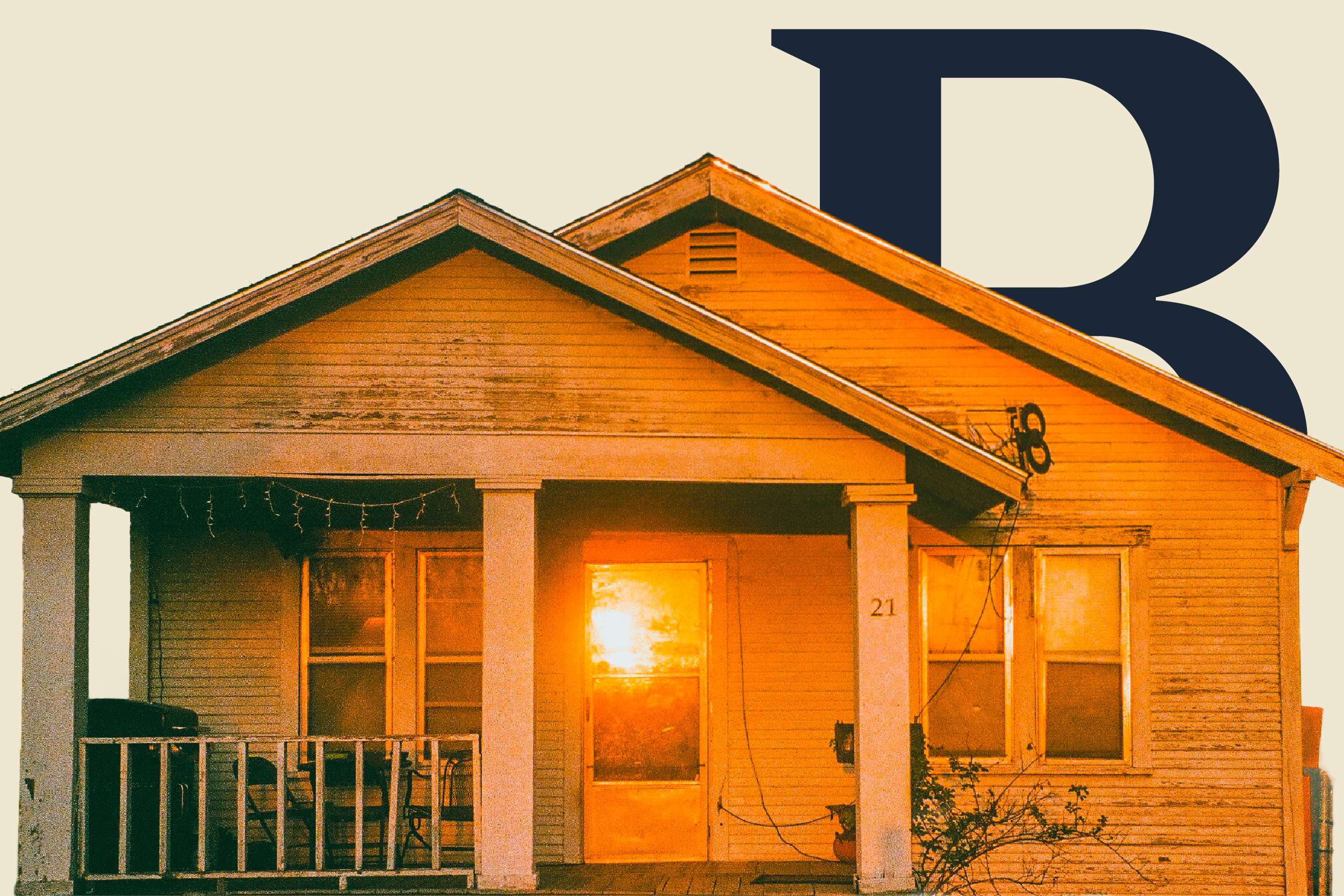 A single-story bungalow with a porch and a sunlit front doorway.