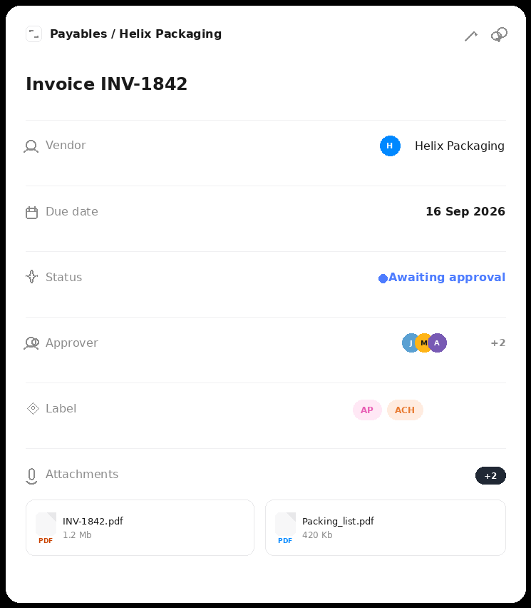Control invoice record for Helix Packaging INV-1842 awaiting approval, with due date, approver, AP and ACH labels, and PDF attachments.