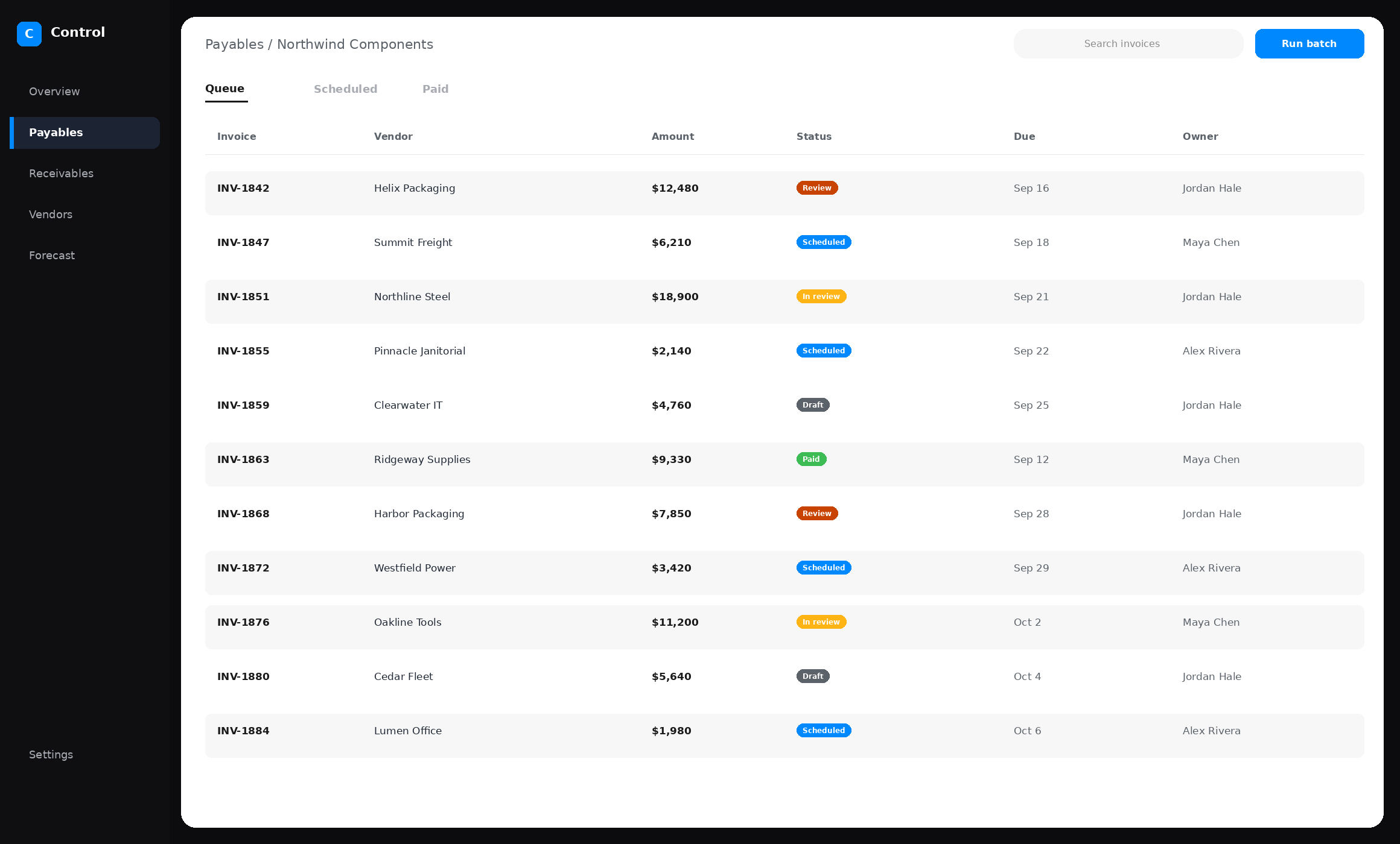 Capvolta Control payables queue for Northwind Components, including invoice INV-1842.