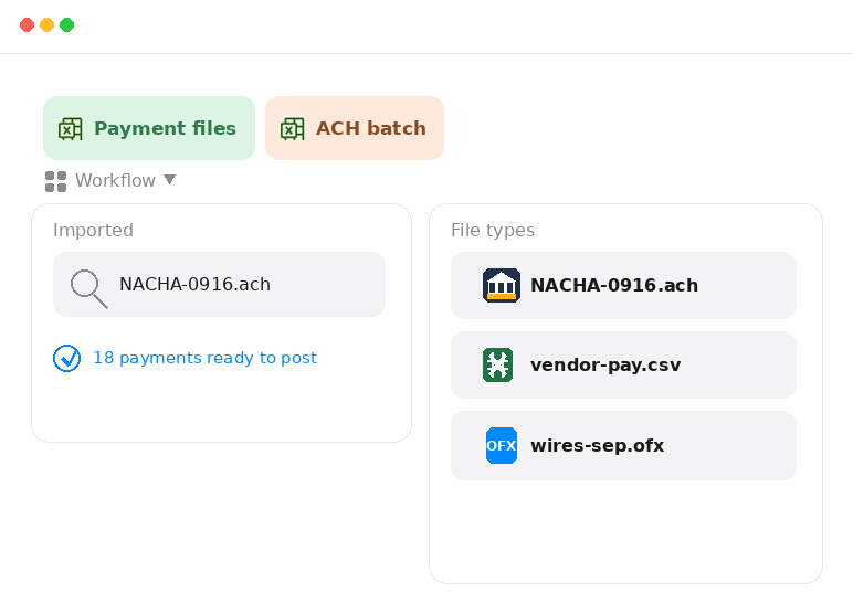 Control payment file import with NACHA, Excel, and OFX logos ready to post.