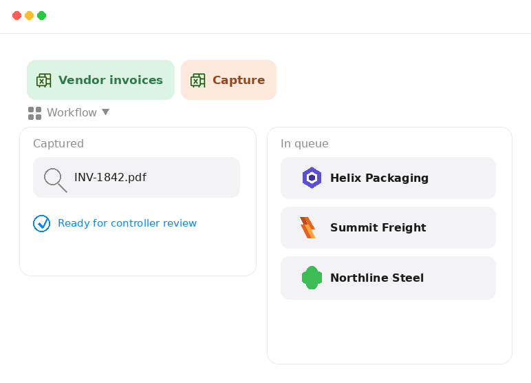 Control vendor invoice capture with Helix Packaging, Summit Freight, and Northline Steel logos in the queue.