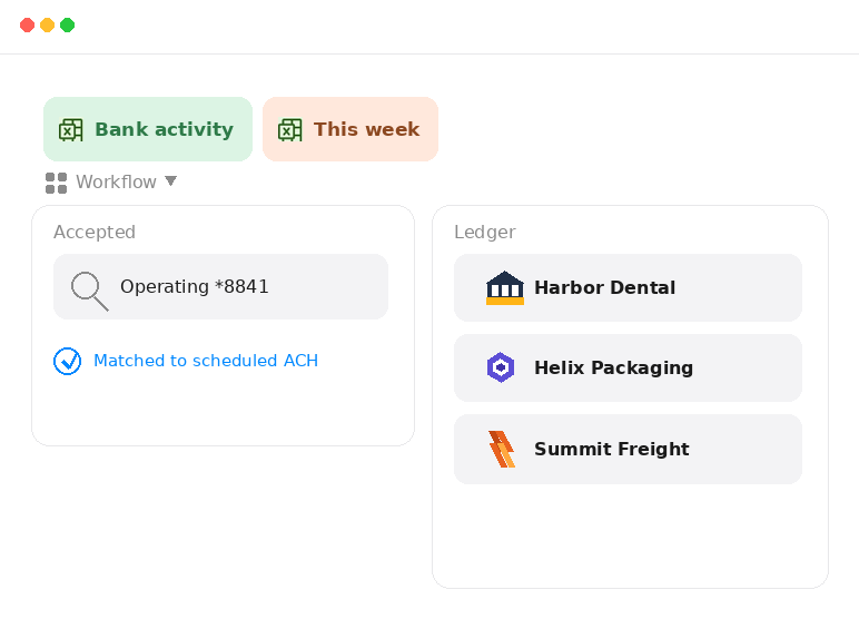 Control bank activity with Harbor Dental, Helix Packaging, and Summit Freight logos on the ledger.