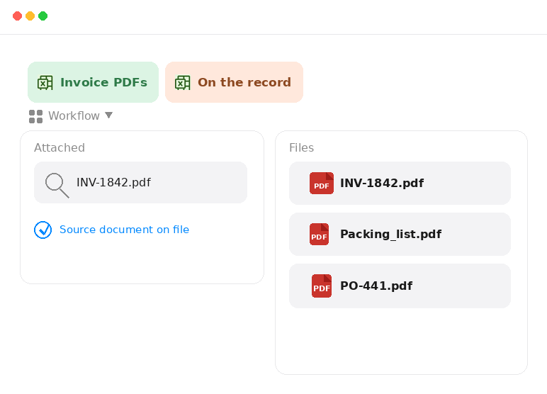 Control invoice PDFs INV-1842, packing list, and PO-441 with PDF file icons on the record.