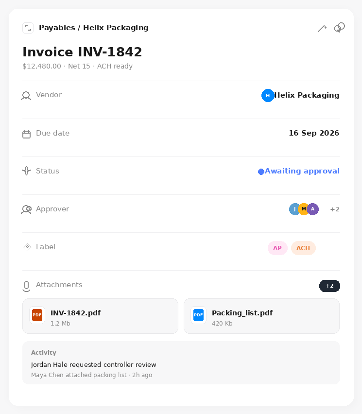 Control invoice record for Helix Packaging INV-1842 awaiting approval, with due date, approver, AP and ACH labels, PDF attachments, and recent activity.