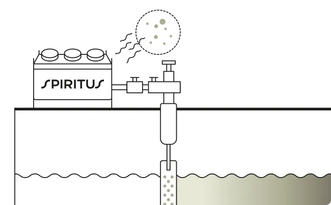 Illustration showing carbon dioxide (CO2) gas being injected into a reservoir beneath the surface, with CO2 bubbles dispersing in the liquid inside the reservoir.