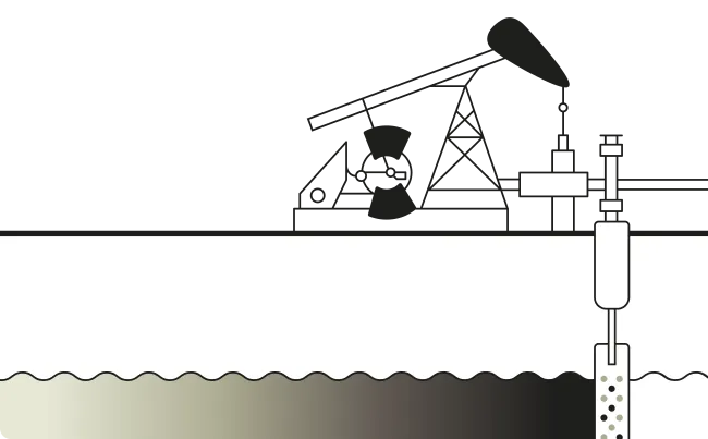 Illustration of a pumpjack oil rig above ground extracting oil through a vertical well that extends below the surface into layers of soil and rock, depicted with gradient shading.