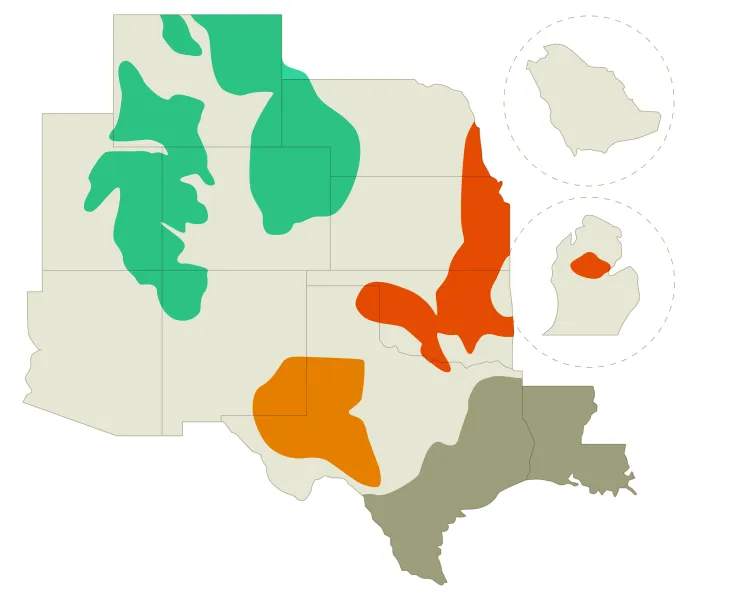 Map highlighting regions in parts of the United States with different colored areas: green regions in the northwest, orange regions in the south-central, and red regions in the north-central states, alongside brown regions in the southeast including Louisiana and Texas. Two inset circular maps to the right show selected areas with one containing a red highlighted region.