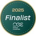 Round dark green badge with gold dotted border reading '2025 Finalist' and featuring the National Energy Challenge logo.