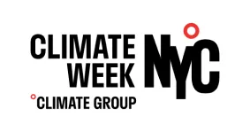 Logo with text Climate Week NYC and Climate Group, featuring a stylized NYC with red circular accents.