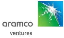 Aramco Ventures logo featuring a stylized white starburst on a blue and green gradient square background with the text 'aramco ventures' in gray lowercase letters to the left.