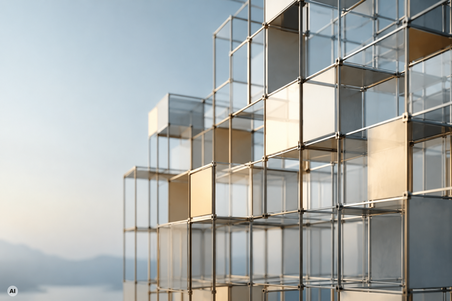 AI-generated illustration: A modular arrangement of glass, metal, and warm-toned architectural blocks.