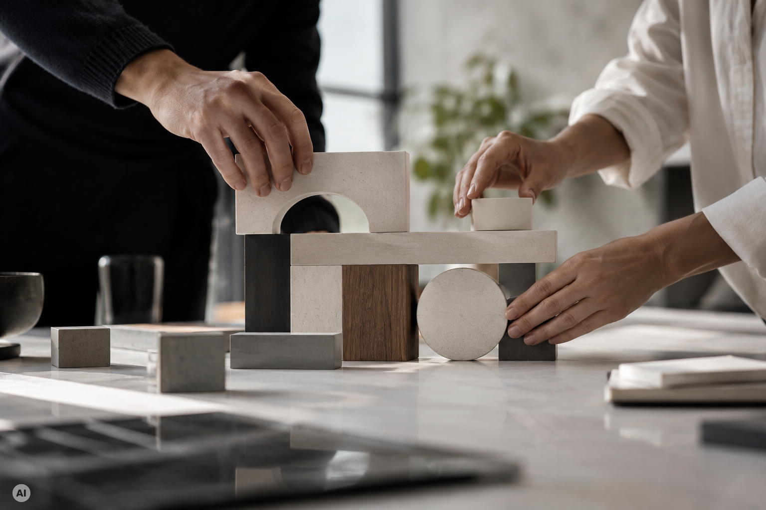 AI-generated image of two people arranging architectural blocks together