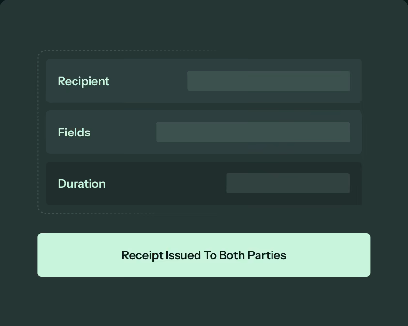 Disclosure settings specify the recipient, fields and duration, with a receipt issued to both parties.