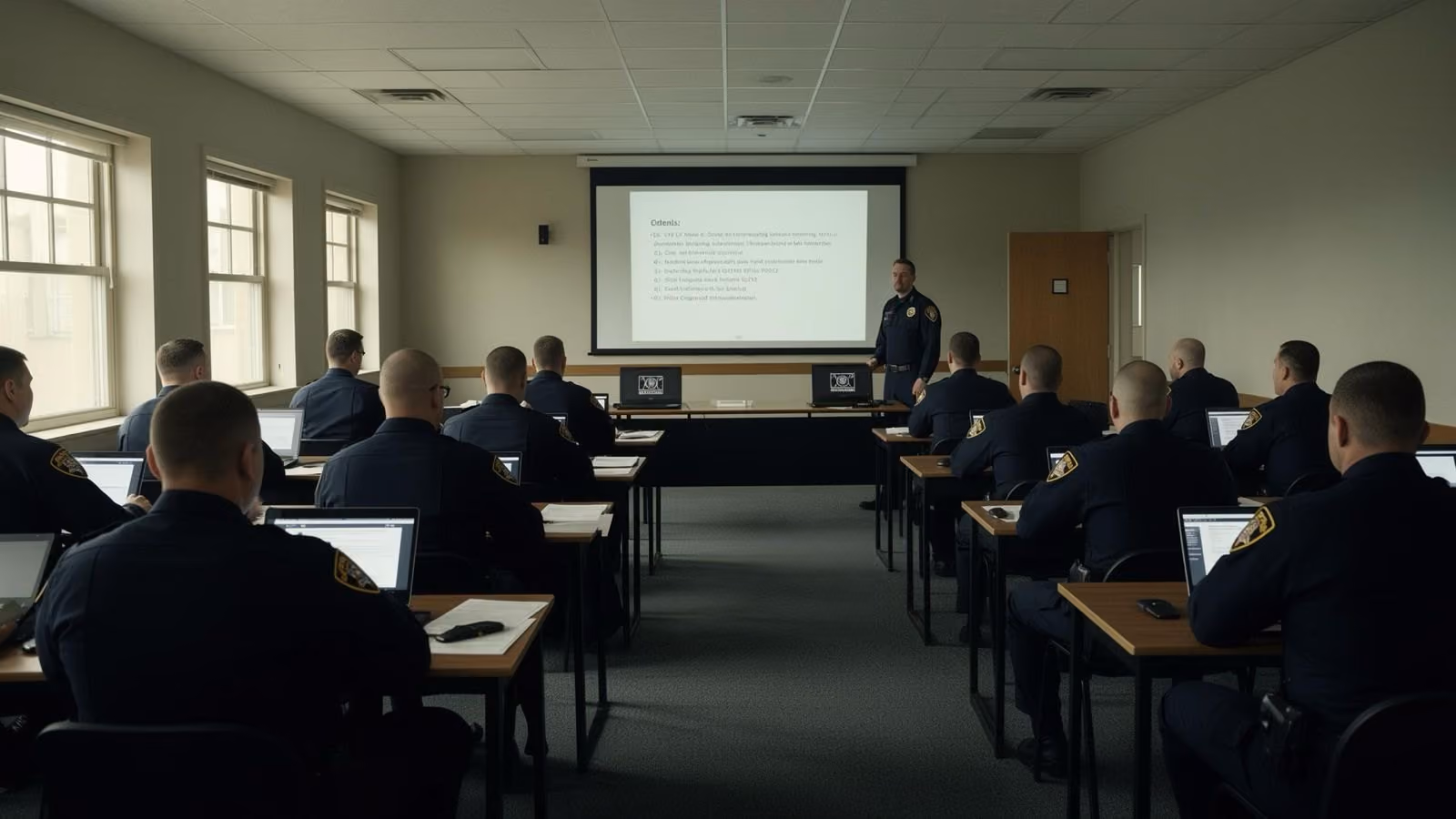 Instructor leading a crypto investigation training session for uniformed officers in a classroom
