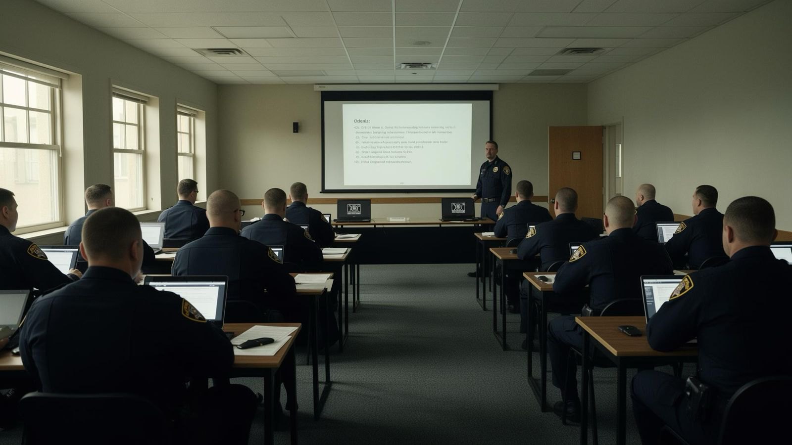 Instructor leading a crypto investigation training session for uniformed officers in a classroom