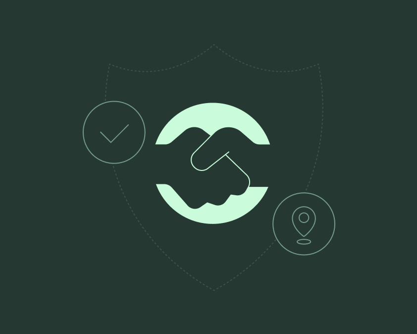 Illustration of a handshake inside a shield with check and location markers