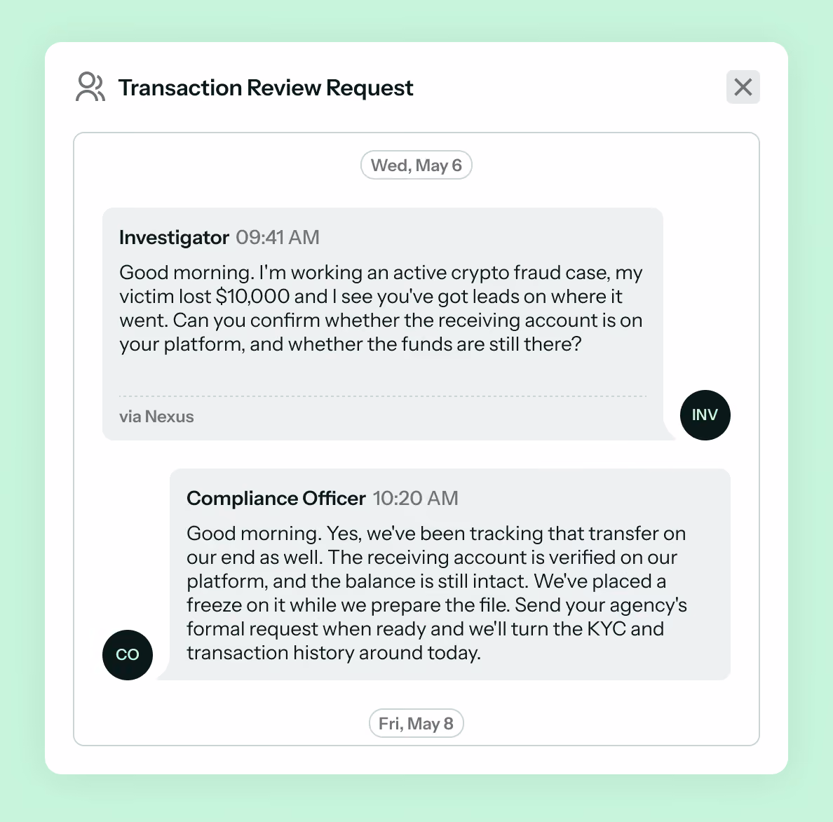 Transaction review request panel