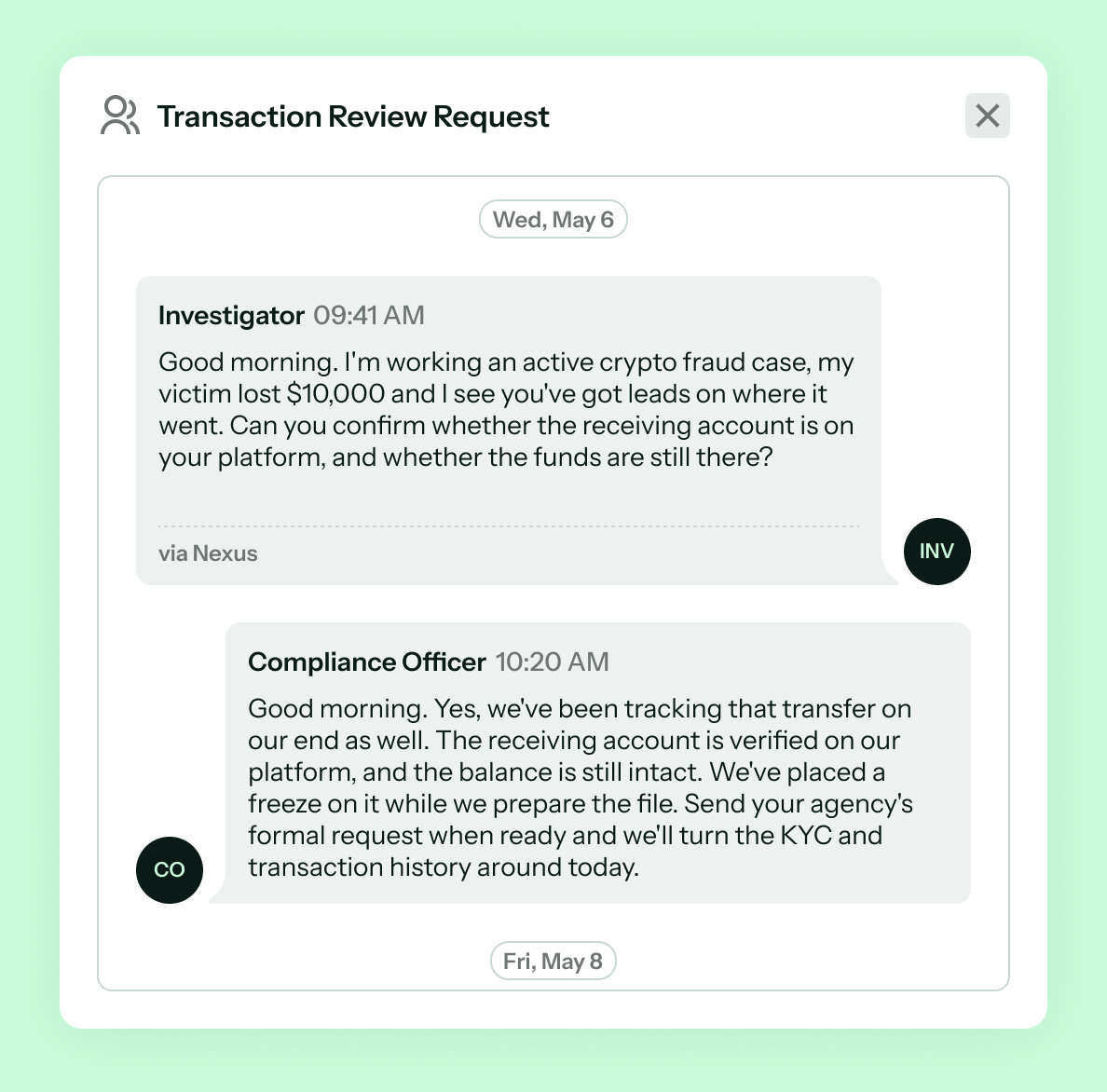 Transaction review request panel