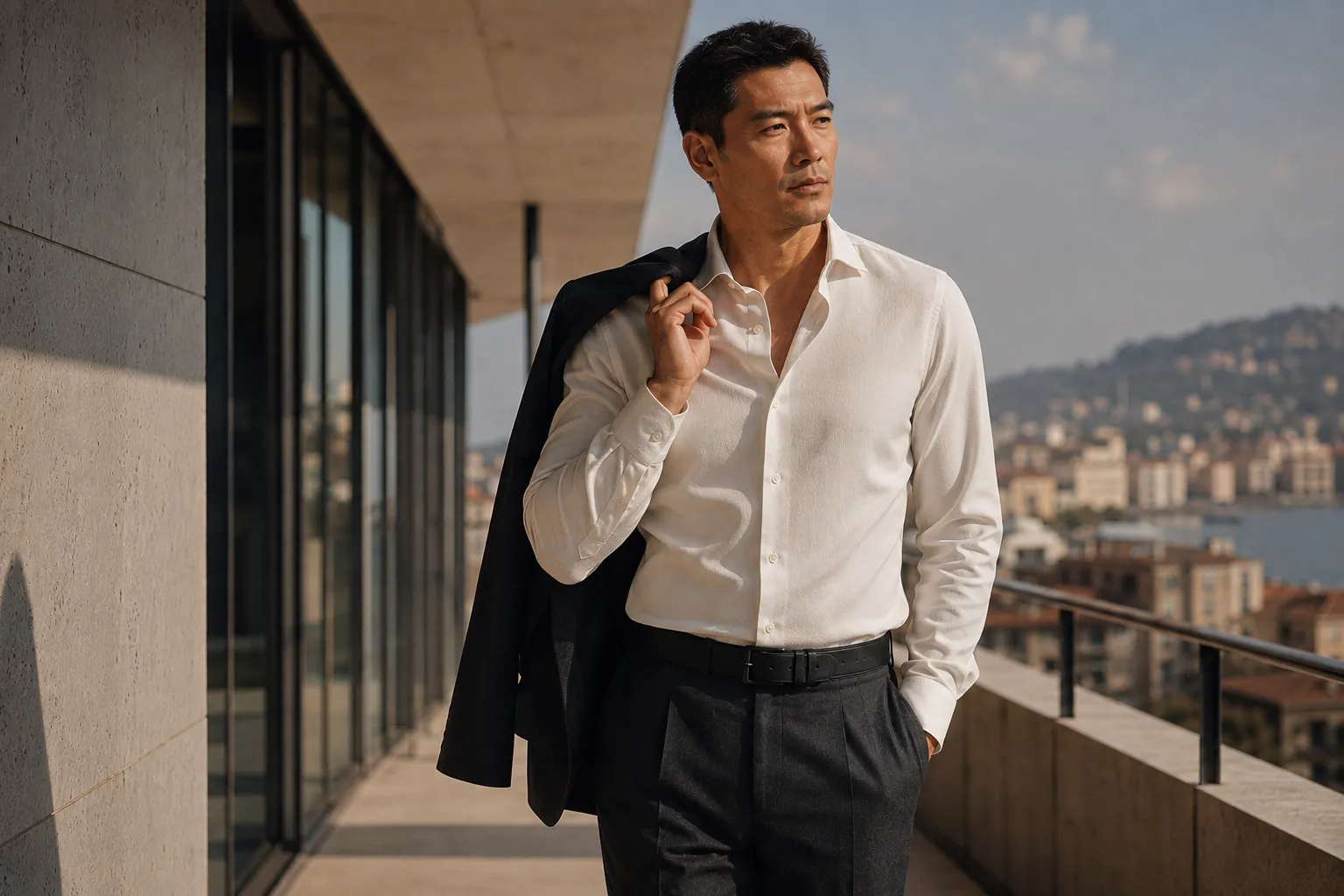 A man in a cream dress shirt carries a charcoal jacket on a sunlit terrace.