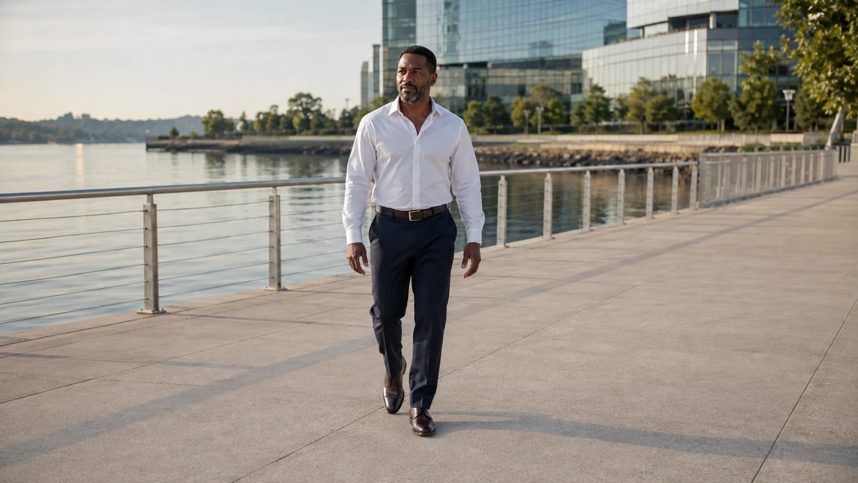 Alex in a white poplin dress shirt on a waterfront promenade.