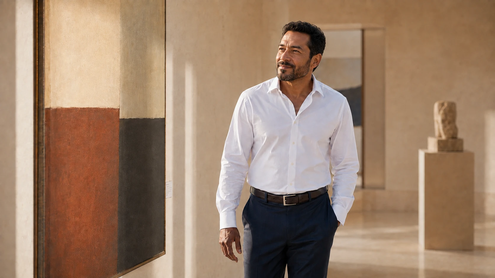 Ricardo wearing white poplin in a warm, sunlit gallery.