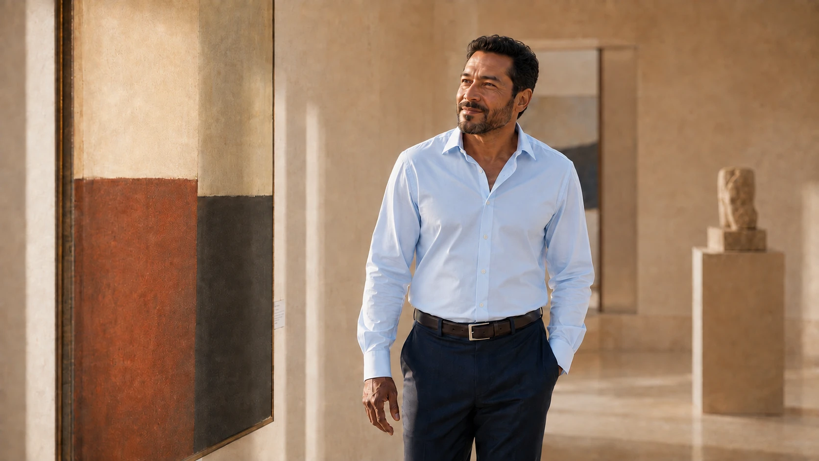 Ricardo wearing pale blue poplin in a warm, sunlit gallery.