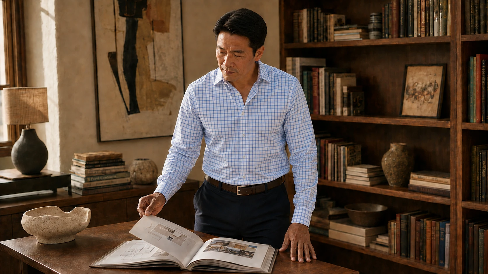 Brian wearing a blue check dress shirt while reading in a warmly lit study.