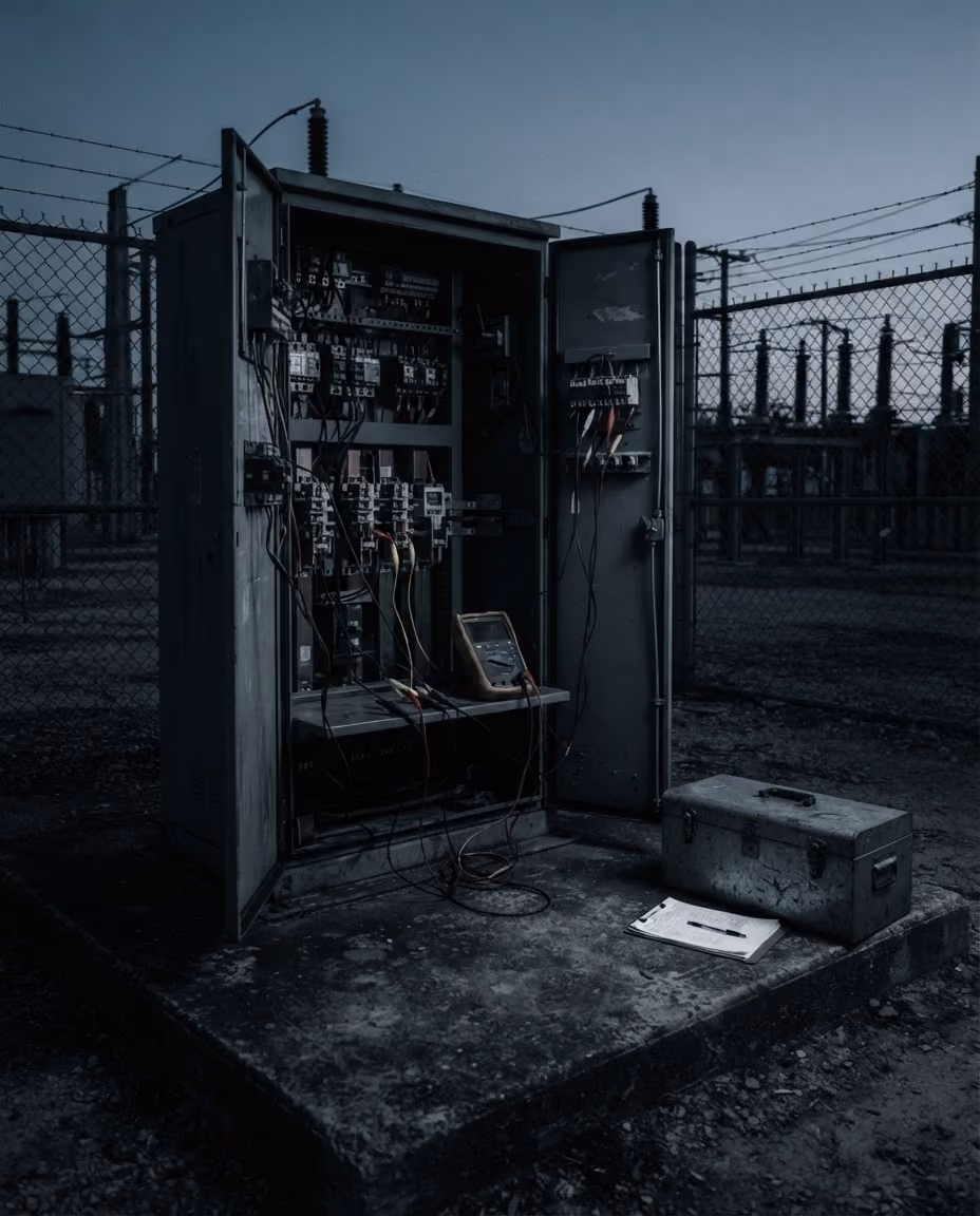 Open electrical control panel with wires and tools beside it in a fenced industrial area.