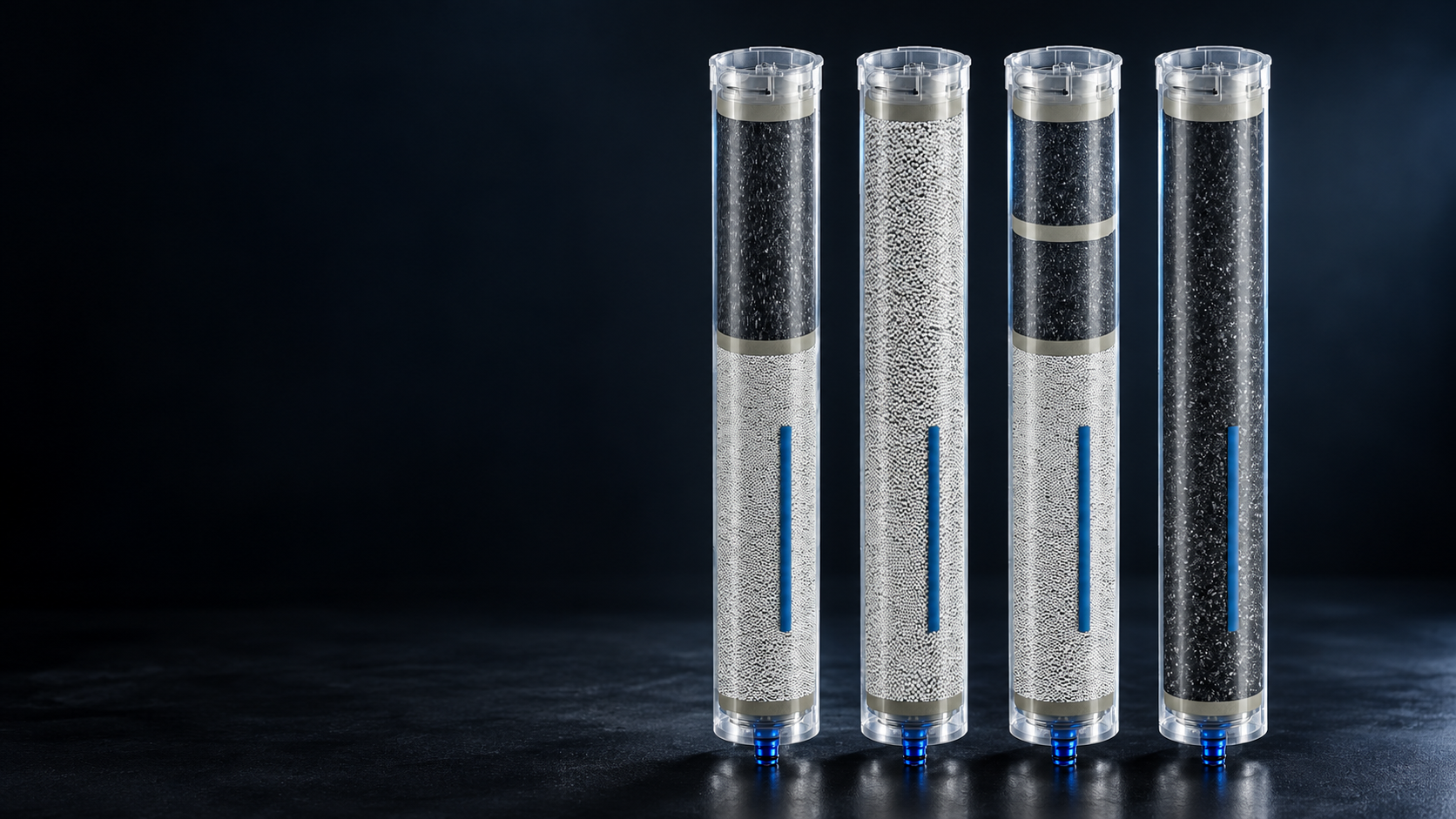 Four COLTRI filter cartridges showing their filtration media