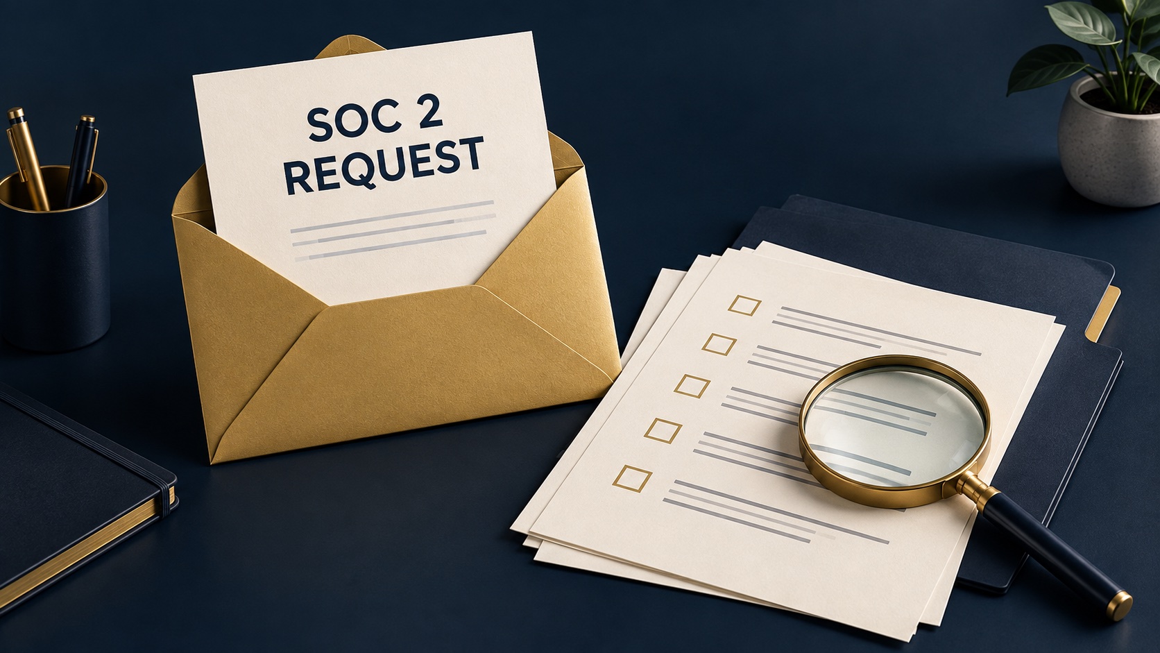 Illustration of a SOC 2 request in a gold envelope beside an evidence checklist and magnifying glass.