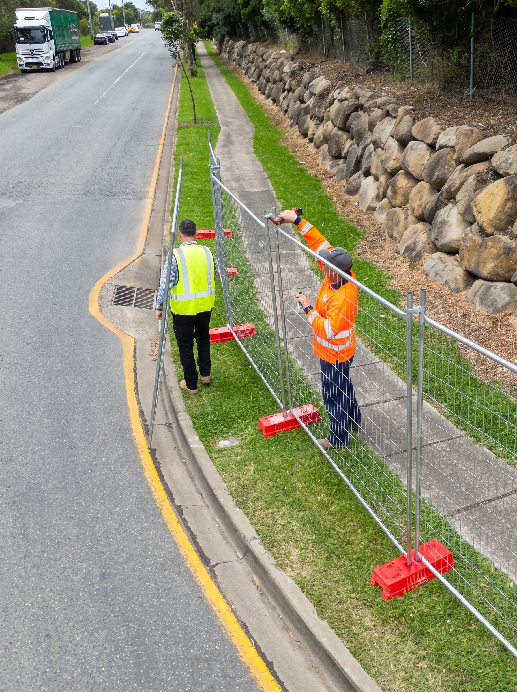 Two construction workers in high-visibility vests setting up metal fencing with red bases along the edge of a road next to a sidewalk and a rock wall.