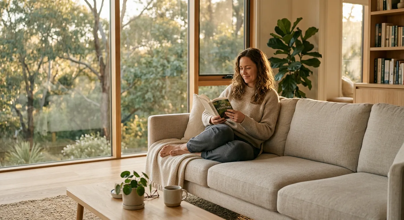 A living room in late afternoon light, with tall timber-framed windows onto Australian bushland.