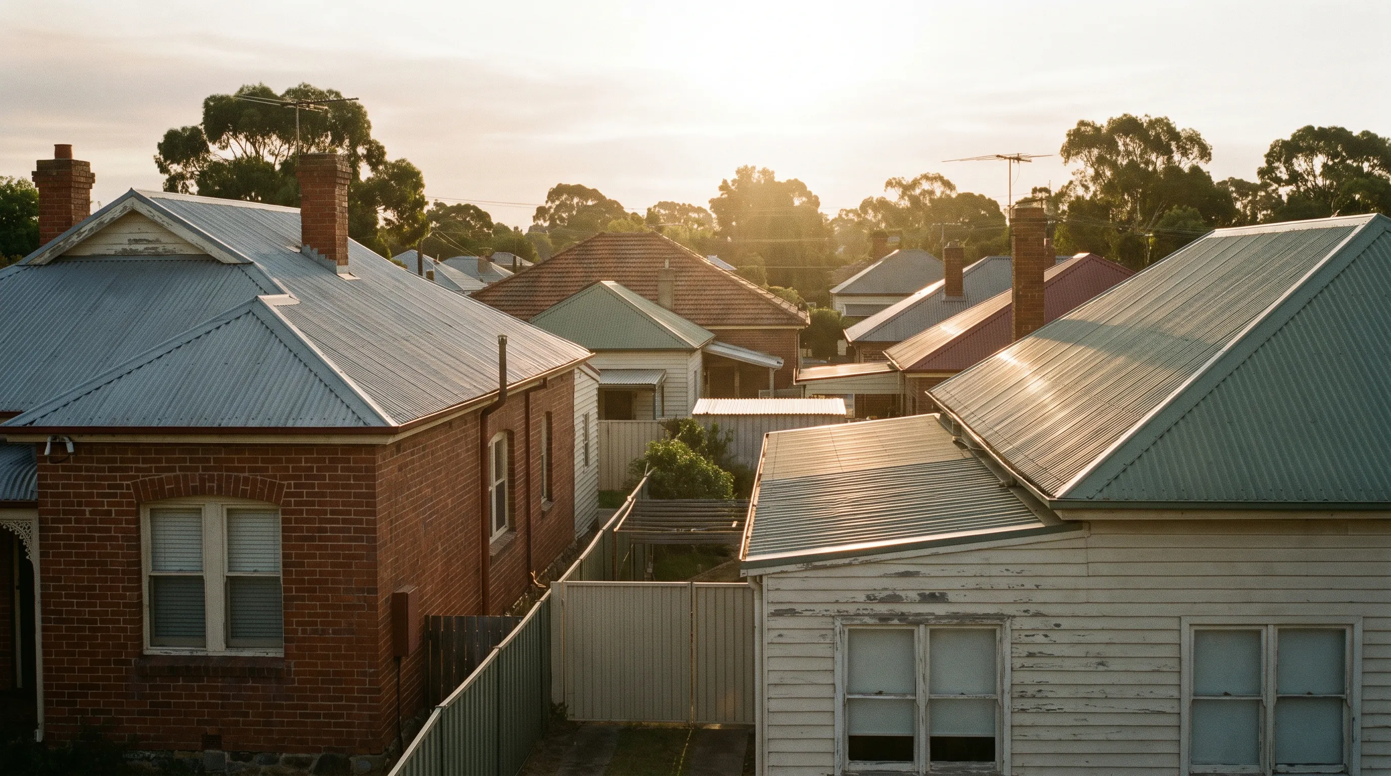 Rooflines of an established Australian suburban street at golden hour: corrugated steel, red brick and weatherboard beneath eucalypts.