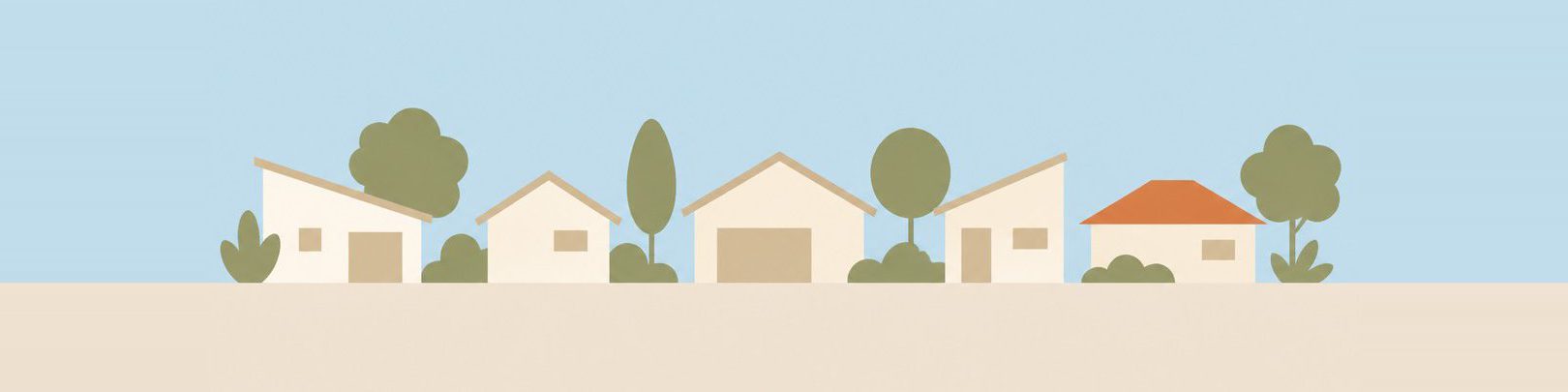 Illustration of a row of suburban house rooflines under a blue sky