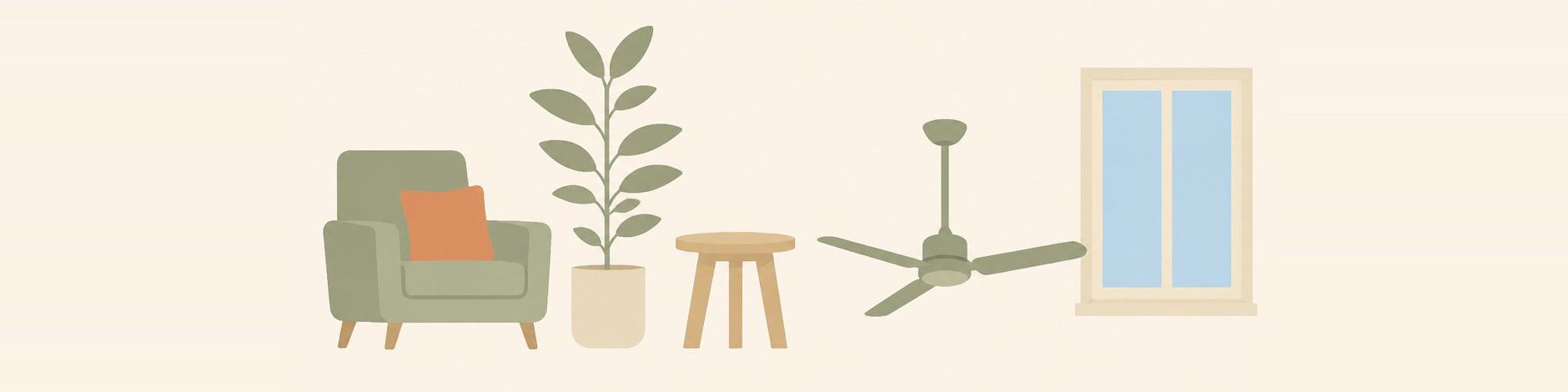 Illustration of an armchair, plant, side table, ceiling fan and window in a row