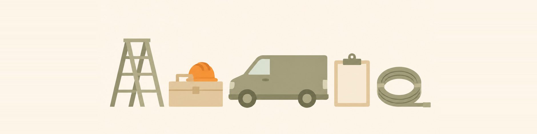 Illustration of a ladder, toolbox, work van, clipboard and hose in a row