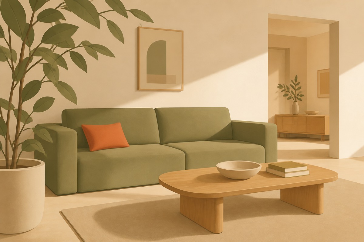 Illustration of a warm living room corner with a sofa, side table and plant