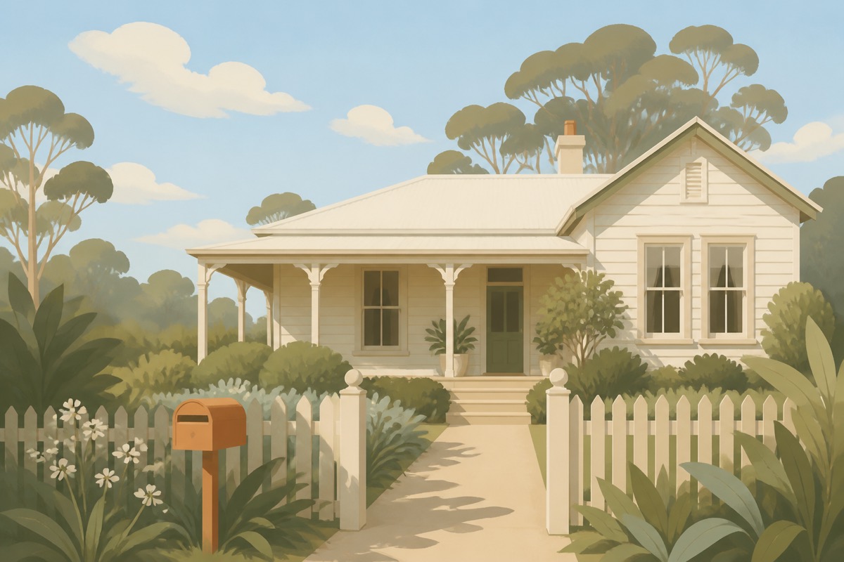 Illustration of an older weatherboard cottage with a deep shaded veranda and native garden
