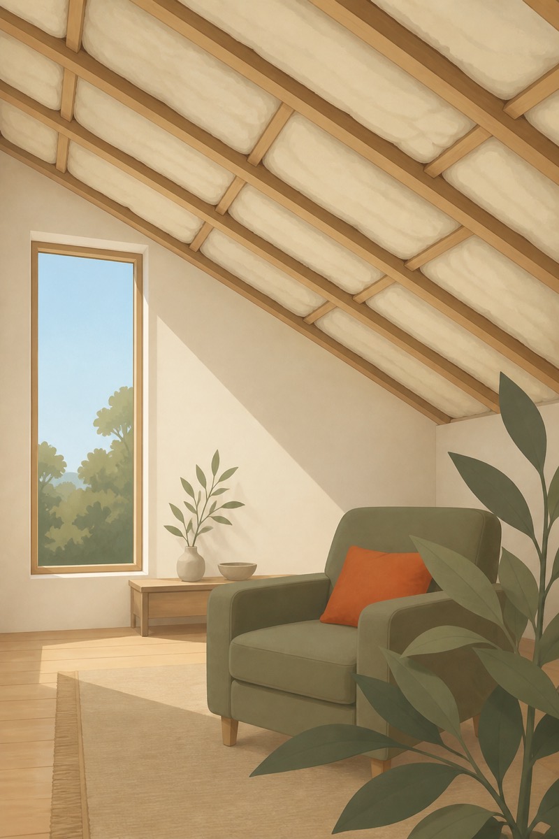 Illustration of a room with a raked ceiling, showing insulation packed between the timber rafters