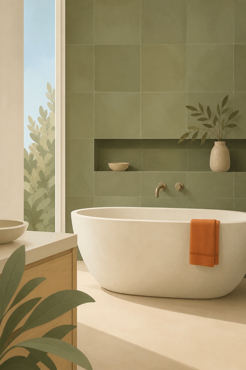 Illustration of a bath against a green tiled bathroom wall