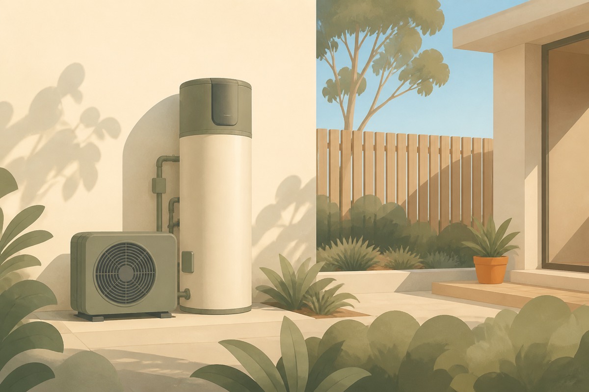 Illustration of a heat pump hot water system, cylinder and compressor, beside a home