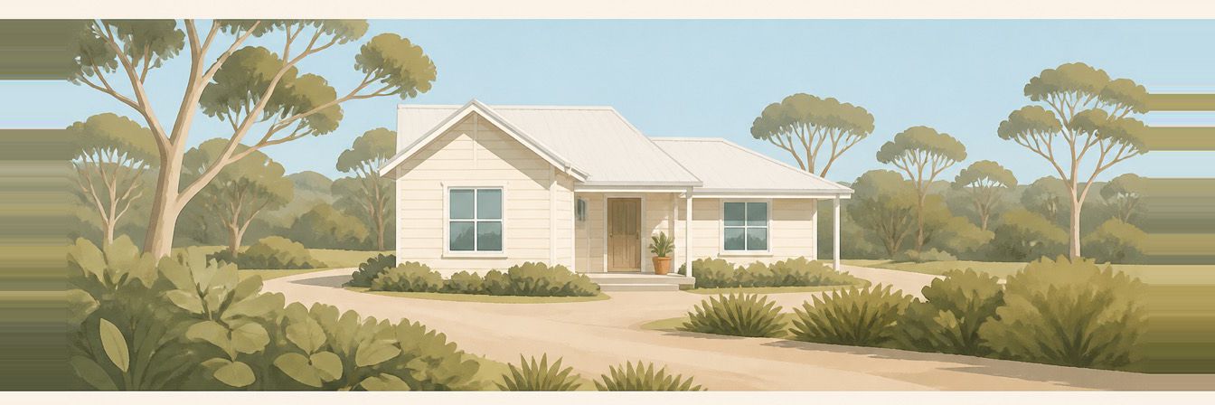 Illustration of a well-kept home at the edge of bushland with a cleared garden under a clear sky