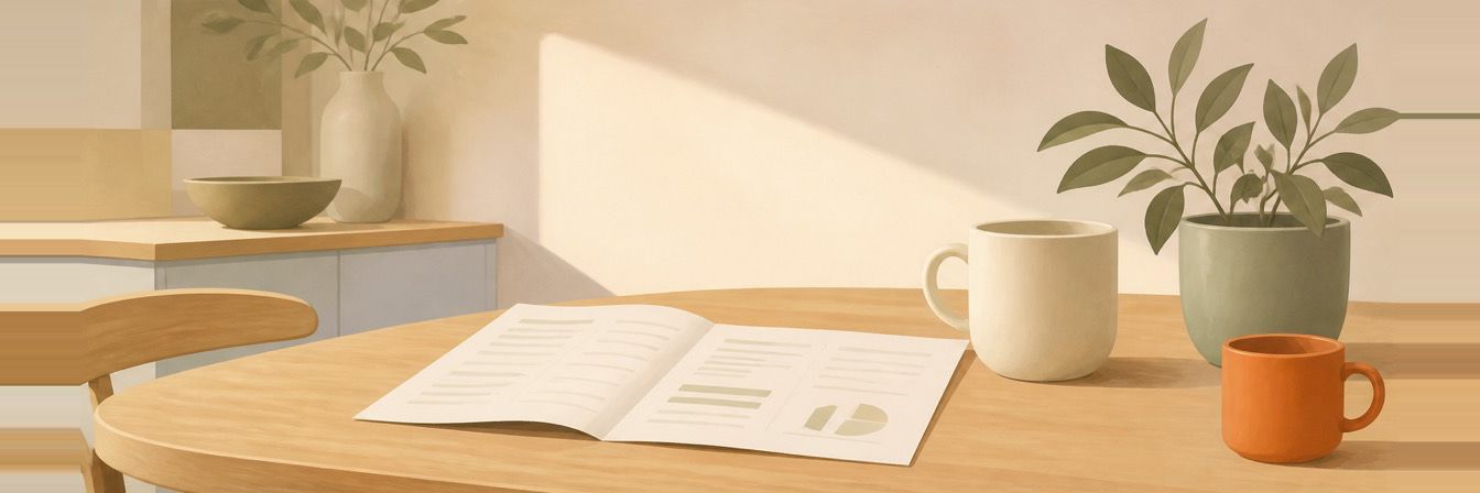 Illustration of an energy bill open on a kitchen table beside a mug and a plant