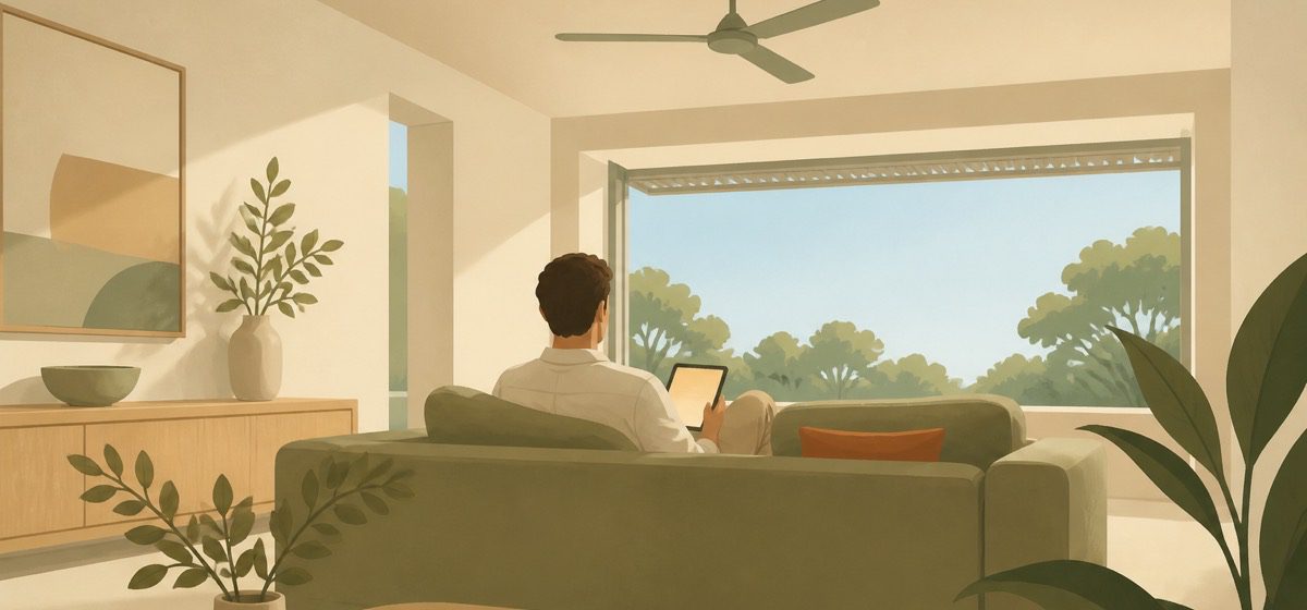 Illustration of someone sitting in a sunlit living room looking at a tablet, with a shaded window and ceiling fan