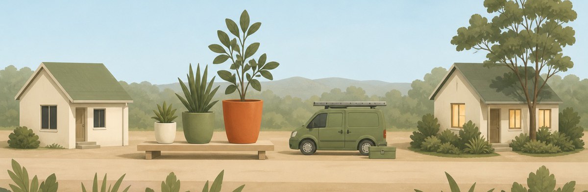 Illustration of a four-step journey: a home, a set of ranked options, a tradesperson's van, and the same home improved