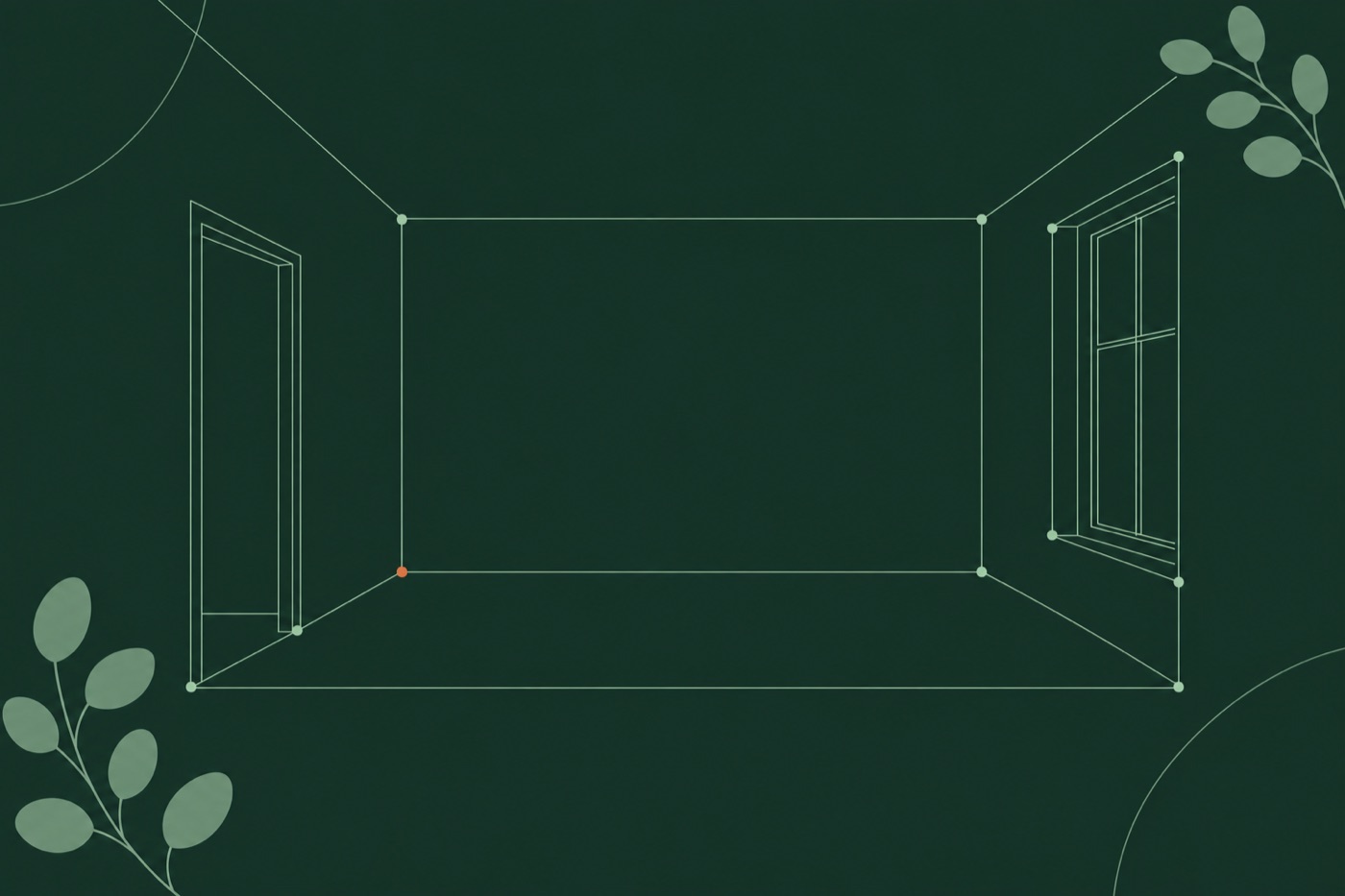 Line drawing of a room with scan measurement lines tracing the wall, floor and window edges