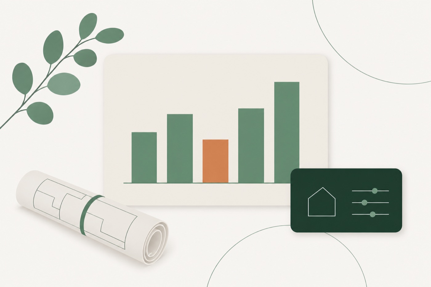 A simple bar chart beside a rolled-up plan drawing